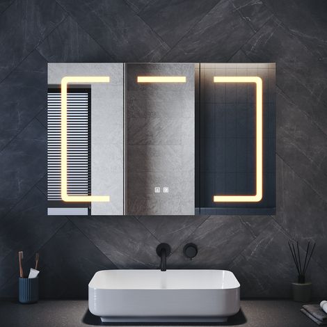 ELEGANT Bathroom Anti-Fog LED Three-Door Mirror Cabinet with Dual Touch Switch, Three Color Temperatures + Infinite Dimming + Power-Off Memory, Moroccan Gray, 900x600x125mm