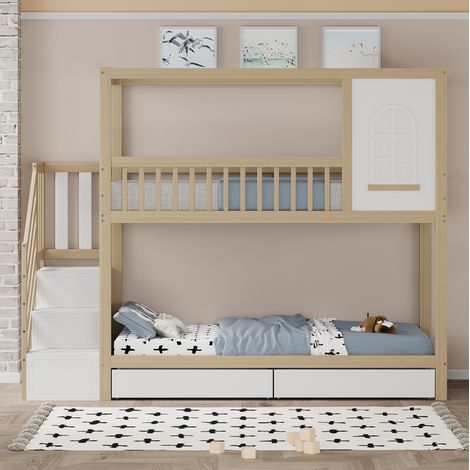 DESVIAE Lit superposé enfant en bois massif style maison avec fenêtres barrières de sécurité échelle latérale avec tiroirs et 2 tiroirs sous lit 90 x 200 cm bois naturel (1/4)