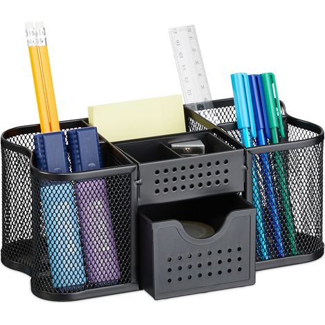 Relaxdays Organizador de Escritorio, Portabolígrafos y Cajón, Rejilla Metálica, 7 Compartimentos, 10x23,5x11,5cm, Negro (1/5)