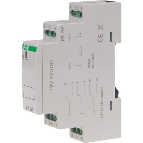 Elektromagnetisches Relais PK-3P 12V AC/DC, Kontakt: 3P I=3x8A, 1 Modul (1/5)