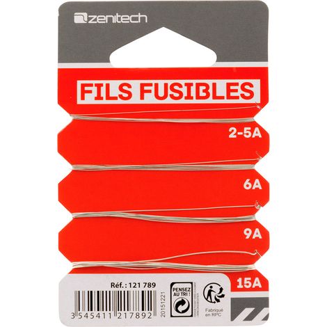 Zenitech – Fils fusibles 230V – Cuivre-étain – Intensités 2.5A/6A/9A/15A – Protection circuits électriques – Lot de 5 unités