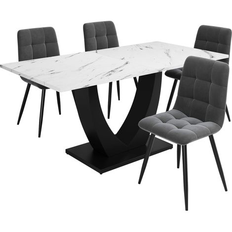 Ensemble de salle à manger 5 pièces, avec 4 chaises, ensemble de table de cuisine moderne, table de cuisine au design en U, pieds noirs, plateau effet marbre blanc, chaises de salle à manger en velour (1/5)