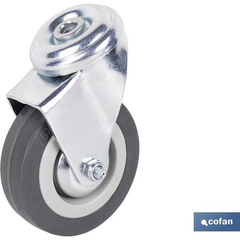 Rueda de goma gris pasante Ø75mm, soporta hasta 45 kg, ideal para mobiliario y hostelería.