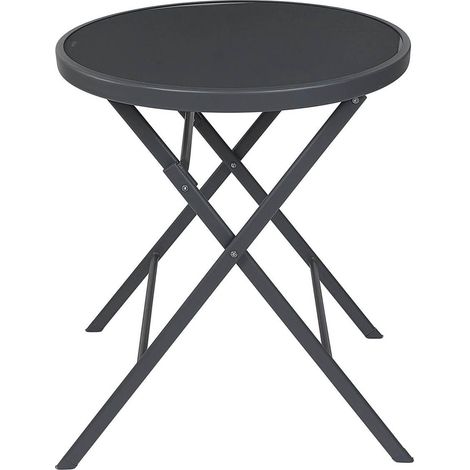 SOHAN - Table Pliante de Jardin Ronde Grise en Métal et Verre Trempé (1/5)