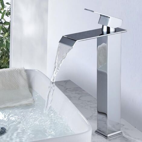QORVA-Robinet Salle de Bain Cascade Mitigeur de Lavabo Bec Haut Robinetterie pour Vasque Chromé Design Moderne