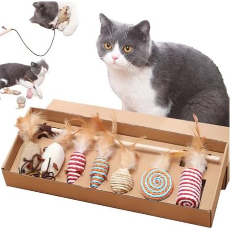 Kit de 7 Jouets pour Chat avec Baguette 40cm – Souris en Tissu, Balles en Sisal et Jouets à Ressort – Jeu d’Éveil et d’Agilité – pour Chaton, Chat d’Intérieur ou Petit Félin (1/5)