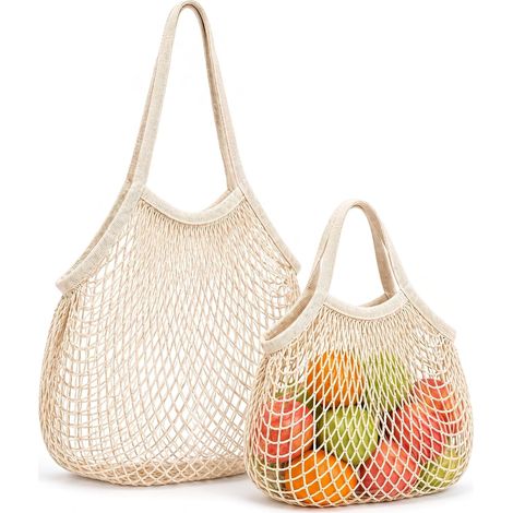 Sacs Filet Réutilisables Lot de 2, Sacs à Provisions en Maille Coton-Polyester Beige, Grand Sac Anses Longues et Petit Sac Anses Courtes, Pliable pour Fruits Légumes Pain Plage (1/5)