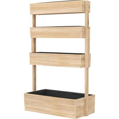 Jardinière surélevée en bois avec 4 étages, escalier de fleurs avec doublure, trous de drainage bois naturel (1/5)