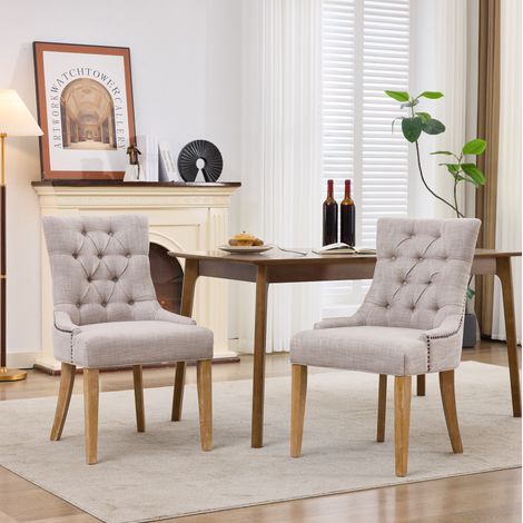 Fauteuil de salle à manger rembourré, dossier confortable, ornements décoratifs, tissu, bois massif et métal, beige (1/5)