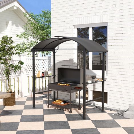 Gazebo per barbecue, 2 ripiani laterali, ganci, struttura in acciaio, 1,1 x 2,3 m, grigio scuro