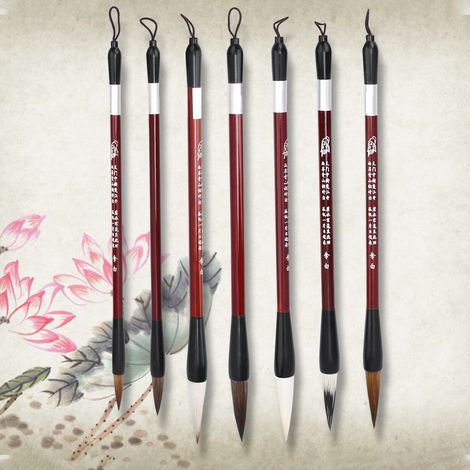 Coffret cadeau de 7 pinceaux de calligraphie (poils de mouton, poils de loup, poils mixtes) pour la peinture chinoise, la calligraphie et l'écriture régulière (grandes, moyennes et petites tailles). (1/2)