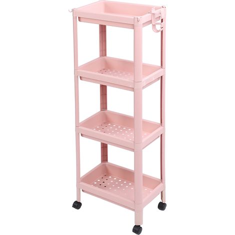 Badezimmer-Bodenregal, mehrstufig, stabil und langlebig, freistehend, Eckregal, rosa, 4 Ebenen (mit Rollen) (1/5)