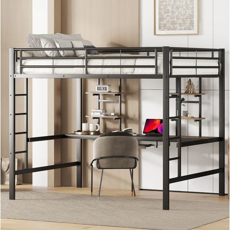Cama alta 140x200 cm de metal negro con escritorio y estantes, sin colchón (1/5)