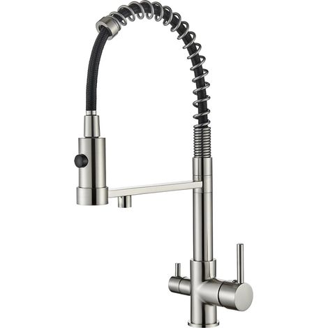 Robinet à 3 Voies Cuisine en Acier Inoxydable – Eau Pure, Finition Brossée Élégante, Rotatif 360°, Cartouche de Mélange Évier avec Sortie Flexible, Compatibile avec Filtre Eau Potable (1/5)