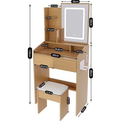 Coiffeuse compacte miroir LED et prise électrique,porte-sèche-cheveux et tabouret rembourré. Dimension W60/H130/D36cm.