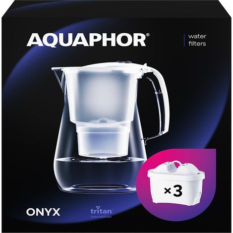 AQUAPHOR Filtro dell'acqua Onyx Blanc incl 3 filtro MAXFOR+ I Filtro dell'acqua dall'aspetto in vetro 4,2l I Riduce il calcare e il cloro I Perfetto per la famiglia I Qualità premium Caraffa (1/5)