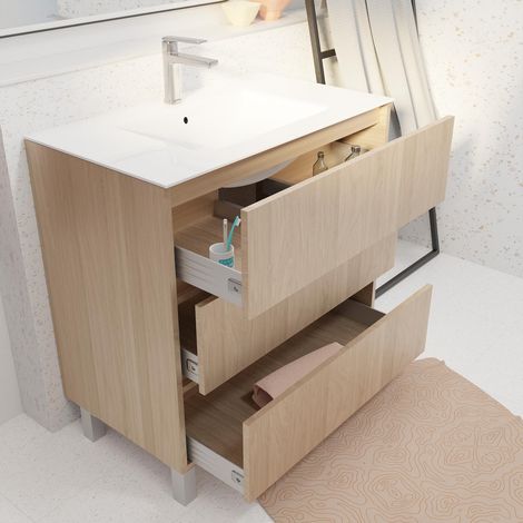 pack meuble salle de bains 80 cm chêne clair, 3 tiroirs avec vasque céramique - xenos — vue 2