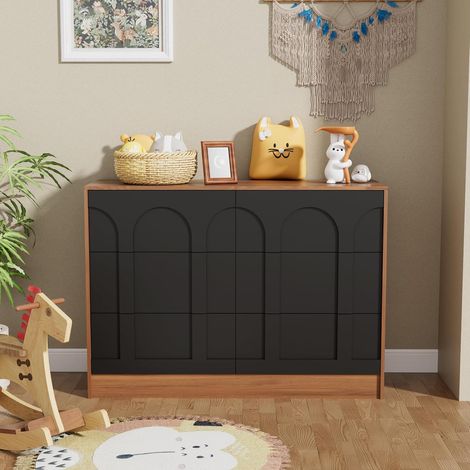 UEV Cassettiera Camera da Letto 6 Cassetti Design Arco, Comò Elegante con Design Bicolore, Mobile Letto Salvaspazio Stabile e Durevole per Abiti, 100 x 34 x 72 cm, Nero e Noce (1/5)