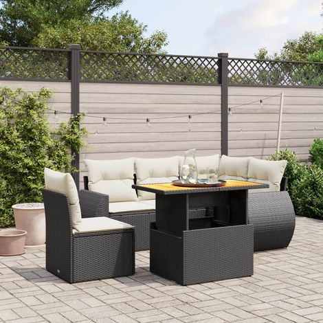 Ensemble Salon Jardin 6 Places Noir Résine Tressée avec Coussins Crème - Table Réglable Hauteur - Meuble Extérieur Modulaire (1/3)