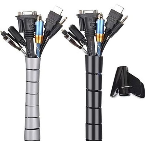 Noir et Gris, Cache Cable 2 Pack, Flexible Range 2x3M PE Câble Rangement Organisateur de Câble pour Ranger ou Cacher les câbles, Gaine pour câbles (2.8cm diamètre et 2.2cmdiamètre ) , Organisateur (1/4)