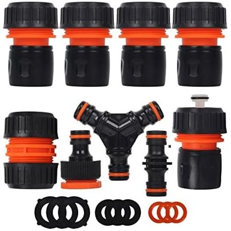 Gartenschlauch-Anschlussset – Schnellkupplung 19 mm (3/4 Zoll), Doppel-Außengewindeanschluss, Y-Verteiler, 2x1-Gewinde, Reparaturdichtung schwarz/orange, 5er-Pack (1/5)