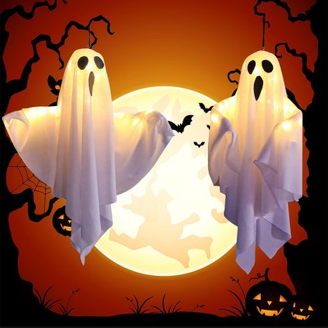 Décoration Halloween, 2 PCS LED Fantômes Lumineux à Suspendre avec à 3 Modes de Lumière, Deco Halloween Fantôme Exterieur Interieur, pour Patio, Jardin, Arbre, Fête-Blanc (1/5)