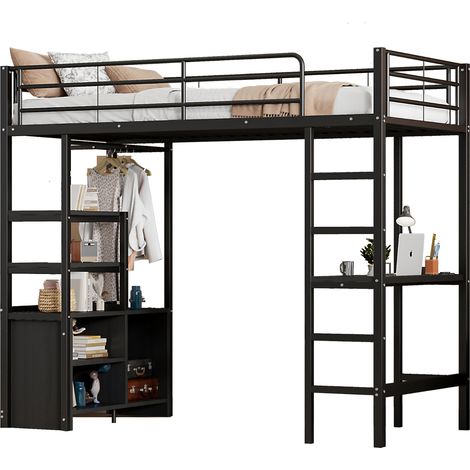 Lit mezzanine 90x200 avec bureau, prises USB, étagères et rangements ouverts, cadre métal noir, sans matelas, gain de place pour chambre ado - CHICFURN (1/5)