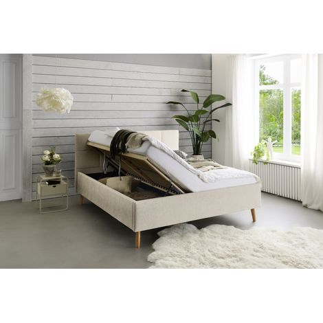Meise Möbel Stauraumbett Nova 180x200 cm Doppelbett Bettkasten & Lattenrost (Federholzrahmen) Webstoff Champagner Holzfuß eichefarbig (1/5)