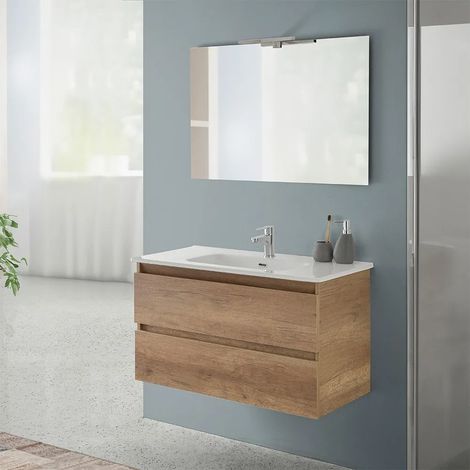 Mobile bagno sospeso 90 rovere naturale completo con 2 cassetti Nadia (1/5)
