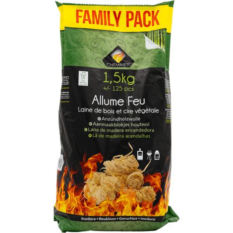 Pyrofeu – Allume-feu 100% naturel en laine de bois – 1,5 kg, +/- 125 pièces – Pour allumage rapide et efficace – Idéal pour cheminées et barbecues