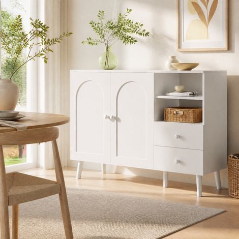 Credenza bianca 118 x 35 x 82 cm con 2 ante, 2 cassetti e nicchia, piedini in legno DESVIAE (1/5)