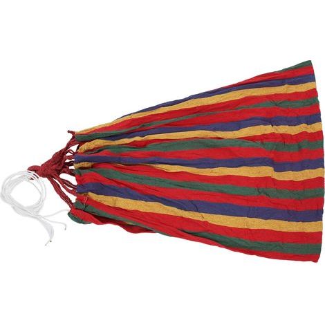 Ultraleichte und tragbare Campinghängematte für Outdoor-Reisen, Tragfähigkeit bis 250 kg, rot mit bunten Streifen. (1/5)