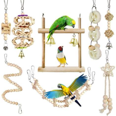 Jouets pour Oiseaux 8 Pièces avec Jouets à mâcher et Balançoires de Perché pour Cage à Oiseaux - Idéal décoration de Volière et Jouets à Cloches pour Perroquets, Perruches, Petite Aras 1 (1/5)