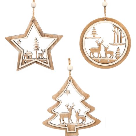 Guirlande En Bois - Ornements De Noël En Bois - Pendentifs Cerf Rustique Pour Arbre De Noël - Lot De 3 (1/5)