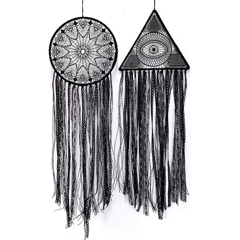 AIDUCHO 2PCS Attrape-rêves, Décor de pépinière fait à la main pour filles garçons, Attrape-rêves en plumes à LED décorations murales ornements artisanat Noir (Rond+Triangle) (1/5)
