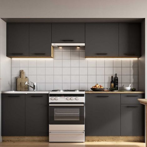 Cuisine grise 240cm avec plan de travail style chêne RUSTICA (1/5)