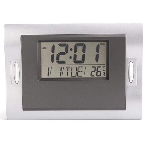 Reloj de salón moderno y silencioso, pantalla LCD, despertador electrónico creativo, hora/fecha/semana/temperatura, reloj de mesa (gris) (1/4)