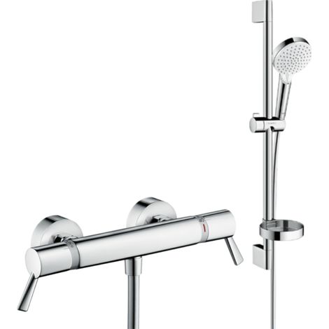 Pack mitigeur douche thermostatique HANSGROHE Ecostat Comfort Care chromé + Ensemble de douche Crometta 2 jets blanc/chromé