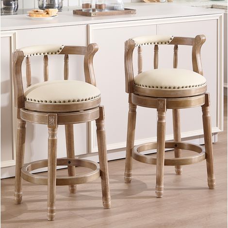 Tabouret de bar pivotant en bois et cuir véritable blanc, hauteur d’assise 66 cm, avec dossier (1/5)