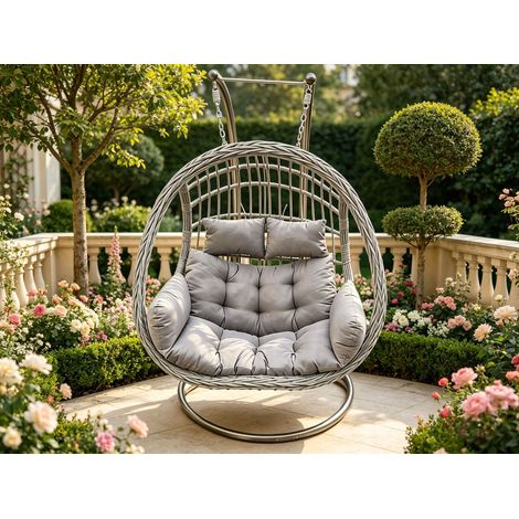 Fimous Rattan Garden Two Seater Hanging Egg Chair Indoor Outdoor Patio Furniture with Grey Cushion