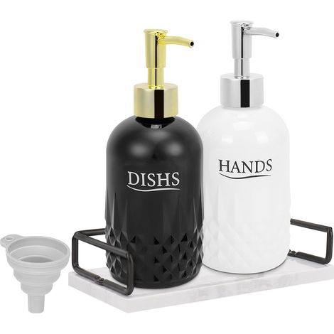 Distributeur de Savon en Verre Rechargeable, Distributeur de Savon à Vaisselle, Distributeur de shampooing et d'après-shampoing (avec Plateau en marbre) (1/5)