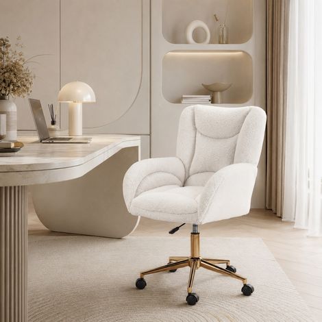 Silla de oficina giratoria regulable en altura de tela Teddy blanca DESVIAE