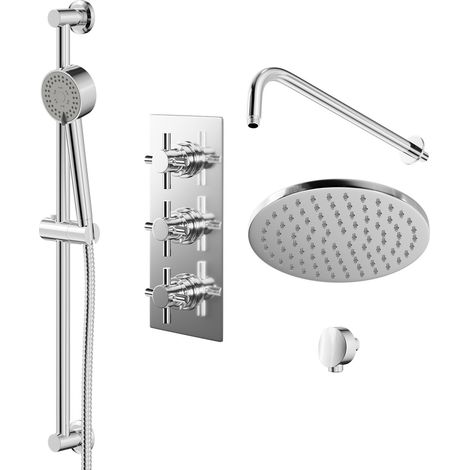 Cross Polished Chrome Triple Thermostatic Valve Mixer Shower with Round Fixed Head and Tyne Shower Slide Rail Kit - 2 Outlet (1/5)