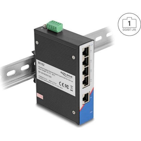 Delock Conmutador Gigabit Ethernet industrial 5 puertos RJ45 para carril DIN