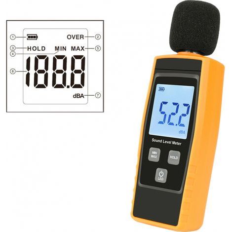 Decibelio, medidor de nivel de presión sonora (SPL) portátil, medidor de ruido digital, rango 30-130 dB(A), instrumento de medición de volumen, comprobador de sonido (batería incluida) Amarillo (1/5)