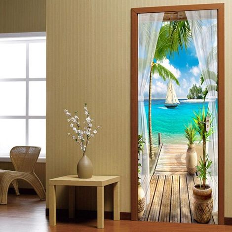 3D door sticker with optical illusion effect, depicting a seascape with sailboats on a balcony. Self-adhesive, 77 x 200 cm. (1/4)
