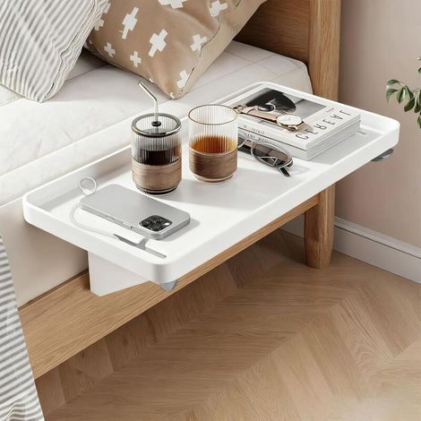Bedside shelf: Hanging bed shelf, foldable clip-on, bedroom tray organizer, bed tray with cable guide, White, 32 x 23.3 x 5.3 cm (1/5)