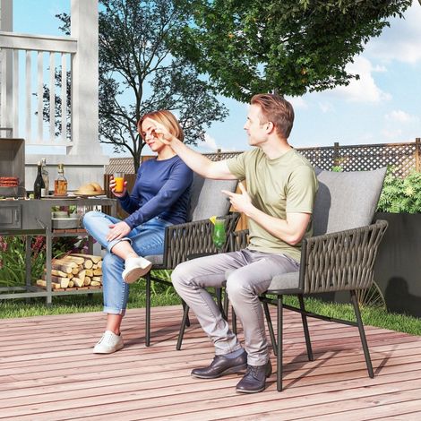 Ensemble de jardin 2 fauteuils rotin + table basse gris, set bistro 3 pièces avec coussins déhoussables, meuble de terrasse balcon en acier