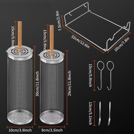 Pack de 2 paniers de gril en acier inoxydable 304 – Poignées en bois amovibles – Panier cylindrique pour grillades extérieures (1/4)