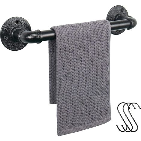 Porte-serviettes mural style industriel 36 cm en tube métal noir robuste, accessoire décoration salle de bain (1/5)